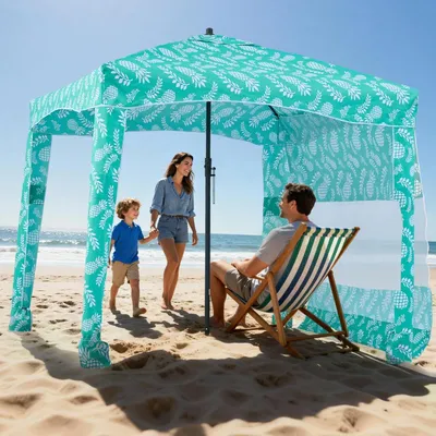 Immagine prodotto di Tenda da spiaggia 183 x 183 cm con parete laterale, protezione solare UPF 50+, portatile, motivo verde chiaro