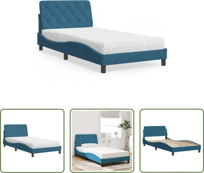 A collage of images showing a blue bed frame with a mattress.