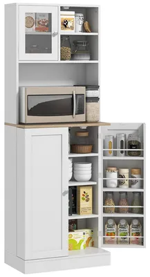 Immagine prodotto di SunvelloDispensa da Cucina Porta Microonde con Ripiani Aperti e Armadietto con Portaspezie, 60x35x169 cm, Bianco