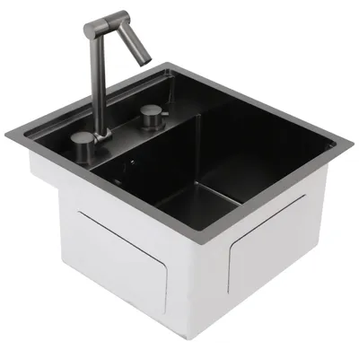 Zdjęcie produktu dla Zlewozmywak kuchenny ze stali nierdzewnej 304 - jedno komorowy, kwadratowy - zlewozmywak do montażu wpuszczanego - 43x39x23 cm - kran obrotowy o zakresie obrotu 360° - kolor czarny
