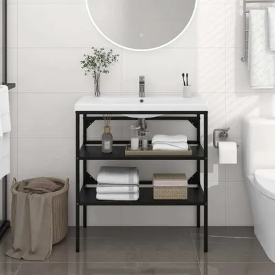 A bathroom vanity with a sink and storage shelves, next to a toilet.
