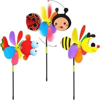 Produktbild von Kinder- und Tierwindmühlen - 3 Stück 55 cm - Farbenfrohe 3D-Windmühlen für Balkon, Terrasse und Garten