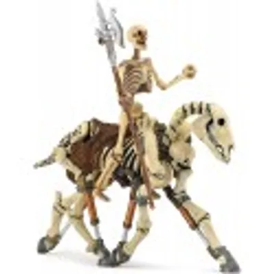 A skeleton figure riding a skeleton horse, against a white background.