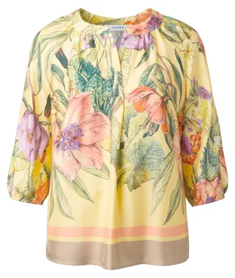 Produktbild von Bluse RANA mit Allover-Print, Stehkragen und 3/4-Ärmeln, gelb gemustert, Größe 46