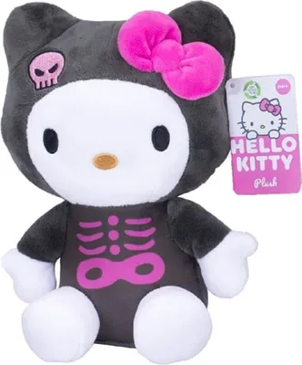 A plush toy of Hello Kitty dressed as a skeleton, with a pink bow and skull detail.