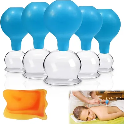Productafbeelding van 5 stuks zuignappen van echt glas met zuigbal - Vacuüm massage set met siliconen bord voor gezicht en lichaam