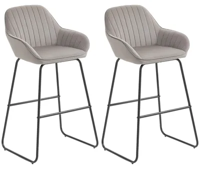 Image de Tabourets de bar - Lot de 2 - Rembourrés - Avec dossier - Avec repose-pieds - Aspect velours - Structure métallique - Gris
