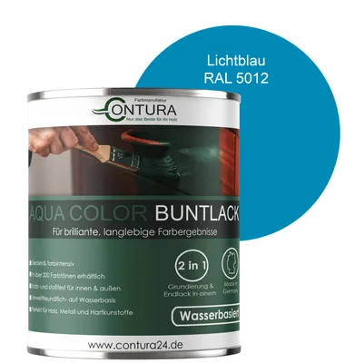 Produktbild von Contura 750ml. Buntlack Lackfarbe Lack Außen Innen Holz Metall Farbe Holzlack Möbellack - Seidenmatt - RAL 5012 Lichtblau