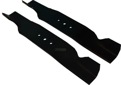 Two black lawnmower blades are shown against a white background.