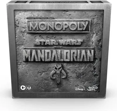 A close-up, front-facing view of the Monopoly Star Wars The Mandalorian Edition game box.