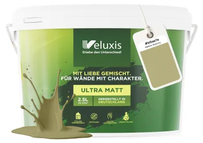 Produktbild von Wandfarbe Grün Beige Gelb Matt Innenfarbe – Deckkraft Klasse 1, VOC-frei, Ohne Grundierung, Tropfarm – Wohnzimmer & Schlafzimmer – 2,5L – Veluxis (Mellow Matcha)