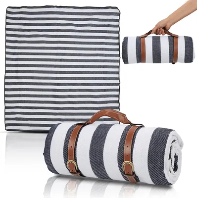 Produktbild von Picknickdecke 200x200cm Wasserdicht und Isoliert Reisedecke Campingdecke Stranddecke Leicht Kompakt XXL Camping Picknick Outdoor Garten Ultraleicht Campingmatte Blau-weiß Streifen