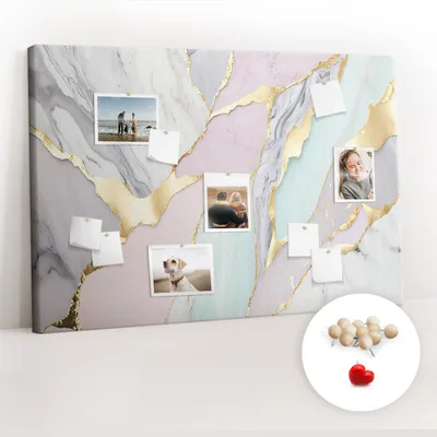 Imagen del producto de Tablero de corcho con chinchetas - Panel con chinchetas para fotografías y notas - 120x80 cm - 100 chinchetas de madera - Diseño de mármol