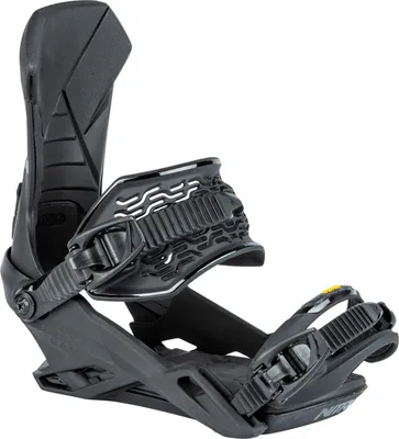 A black snowboard binding is shown against a white background.