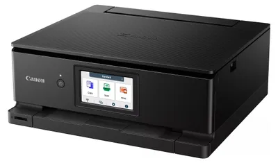 A black Canon PIXMA TS 8750 printer is shown from a slightly elevated front-left angle against a white background.