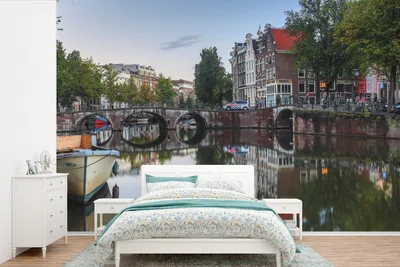Produktbild von MuchoWow® Fototapete für Wohnzimmer oder Schlafzimmer Wandtapete Vinyl Motivtapete Bild der Amsterdamer Keizersgracht - 450x300 cm - Gemusterte