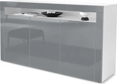 Produktbild von Vladon Sideboard Valencia,  Germany, Kommode mit 3 Türen und 1 offenem Fach, Weiß matt/Grau Hochglanz/Grau Hochglanz (155 x 92 x 40 cm)