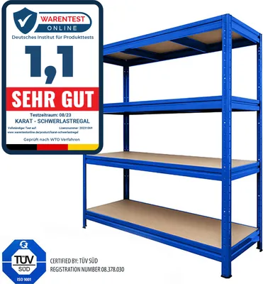 A blue metal shelving unit with wooden shelves, shown against a white background, with certification badges and text overlays.