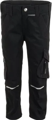 A pair of black children's cargo pants is shown against a white background.