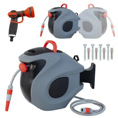 Produktbild von 30m Automatische Schlauchtrommel mit 9-Fach Sprühdüse, Wandhalterung, verstellbarer Rückholsperre & 180° Schwenkung–UV/frostbeständiges Komplettset