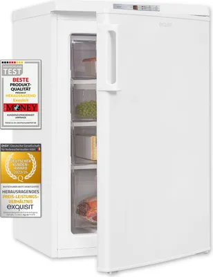 A white upright freezer with its door slightly ajar, revealing transparent drawers containing food items. Several award badges are affixed to the left side of the freezer.