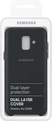 A Samsung dual layer cover for a Galaxy A6 (2018) phone, displayed in its retail packaging.