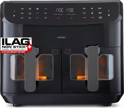 A black dual-chamber air fryer with its control panel visible.