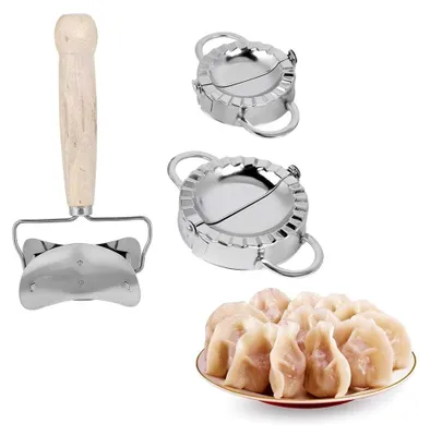 Produktbild von Knödelmaschine Set aus Edelstahl mit Holzgriff für Ravioli und Pierogi