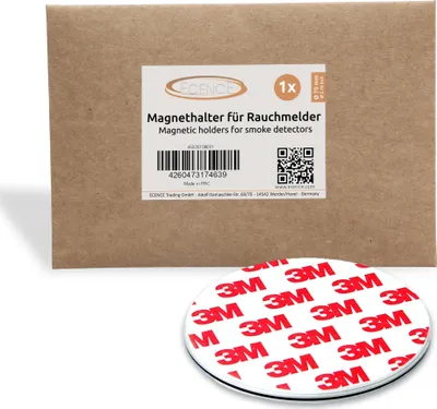 A product package for magnetic holders for smoke detectors, with a magnetic holder with 3M adhesive tape in the foreground.