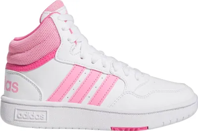 A white Adidas high-top sneaker with pink accents.