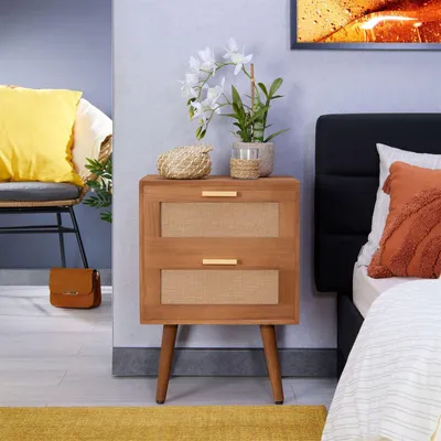 Produktbild von Nachttisch WAMAN mit 2 Schubladen, Nachtkommode aus Paulownia Holz und Jute Geflecht, Nachtschrank im Retro Design in braun, Boho