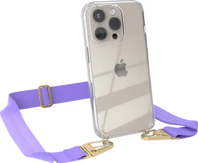 Produktbild von EAZY CASE - Hülle mit Band für Apple iPhone 15 Pro, Handyhülle mit Umhängeband, Silikonhülle transparent, Handykette in Violett