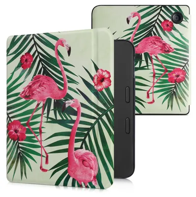 Produktbild von kwmobile Schutzhülle für Tolino Vision 6 Hülle - eReader Flip Case mit Auto Sleep Funktion - Flamingo Palmen mit Rosa Grün Hellgrün