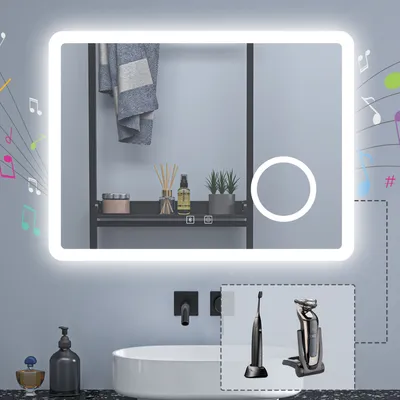 Produktbild von Badspigel mit Steckdose 80×60cm Bluetooth LED Schminkspiegel Kalt/Neutral/Warmweiß dimmbar Memory Beschlagfrei eine Stunde automatische Abschaltung Wandschalter Spiegel mit LED Beleuchtung