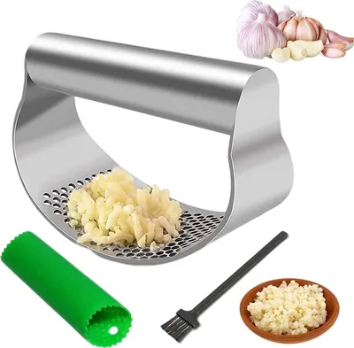 Produktbild von Edelstahl Knoblauchpresse mit Silikonschäler - Leicht zu Reinigen - 1 Stück
