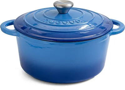 Immagine prodotto di Padella Nuovva in ghisa con rivestimento antiaderente e coperchio - Padella per stufati blu scuro - Rotonda - Ø 24 cm - 4,7 litri - 100% priva di PFAS e PFOA - Adatta a tutte le fonti di calore - Elettrica - Gas - Alogena - Induzione - VetroVetroceramica