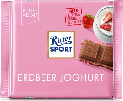 A pink Ritter Sport chocolate bar wrapper with images of strawberries and yogurt.