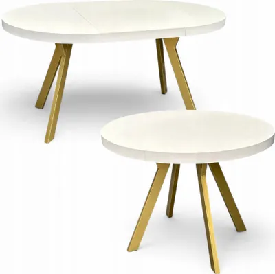 Produktbild von Runder Esstisch Weiß Halbmatt Ausziehbar Ø110/210 cm mit Goldenen Y-Metallbeinen