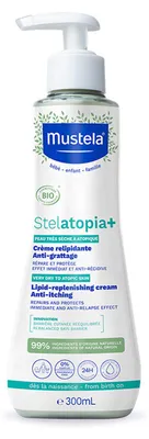 Immagine prodotto di Mustela Stelatopia Crema BIO Relipidante Anti-Prurito, Viso e Corpo, Neonati, Bambini, Tutta la Famiglia - Pelle Estrema Secchezza o Dermatite Atopica, 99% Ingredienti di Origine Naturale (300ml)