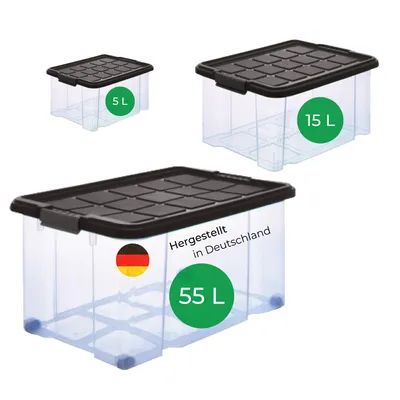 Produktbild von Novaliv 3 tlg Sparset Aufbewahrungsbox mit Deckel Anthrazit 1x 55 L + 1x 15 L + 1x 5 L Nestbar stapelbar Clipverschluss Rollboxen BPA-frei