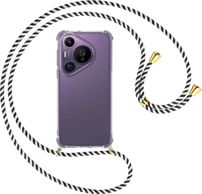 Produktbild von Handykette Backcover-Schutzhülle mit Band (Metall goldfarben) für Huawei Pura 70 Pro / Pro+ - schwarz/weiß gestreift