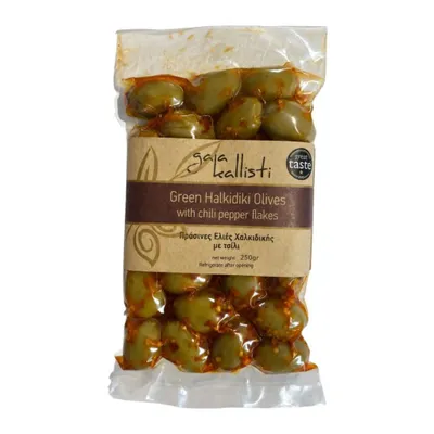 Produktbild von Gaia Kallisti Grüne Halkidiki-Oliven mit Chiliflocken 250 g
