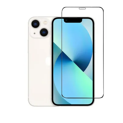 A white iPhone 13 Mini is shown next to a screen protector.