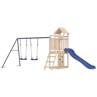 Produktbild von Spielturm aus massivem Kiefernholz mit Wellenrutsche, Schaukeln, Leiter, Kletterwand und Sandkasten, 465 x 186 x 214 cm