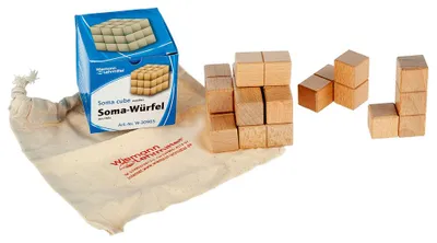 Produktbild von Kleiner Soma-Würfel aus Holz naturfarben mit Baumwollbeutel
