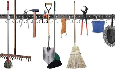 Productafbeelding van Unyqoos® 162 cm metalen wandhouder voor gereedschap – 4 rails (4 x 40,6 cm), 16 verwijderbare, antislip haken, temperatuurbestendig, organizer voor garage en tuin