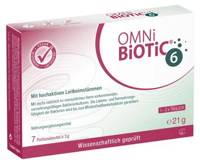 Produktbild von OMNi BiOTiC 6 | Sachet | 7 Portionen (21g) | 6 Bakterienstämme | 6 Mrd. Keime pro Tagesdosis | Pulver | Mit Inulin | Vegan | Glutenfrei | Lactosefrei