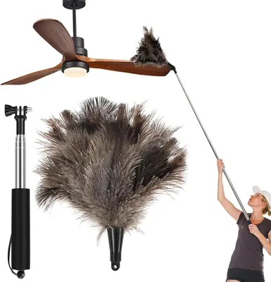 Produktbild von Teleskop Staubwedel Straußenfedern, Staubwedel Teleskop Waschbar, Spinnwebenbesen mit Teleskopstiel 50- 1 m, Rotierende Spinnenwebenentferner für Hohe Oberflächen und Empfindliche Einrichtungen