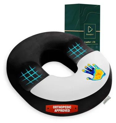 Productafbeelding van Donut Zitkussen van traagschuim, ergonomisch ringkussen voor kantoor en auto, drukontlastend en wasbare overtrek (zwart)
