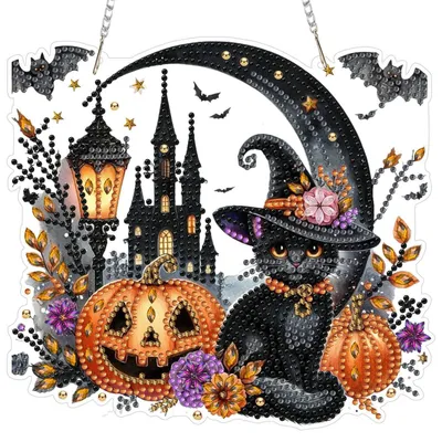 Immagine prodotto di Set per la creazione di decorazioni a tema Halloween con tecnica del diamante: gatto, castello, finestre. Ideale per realizzare ciondoli e ornamenti
